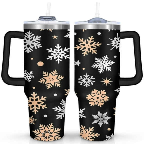 Black White Gold Snowflakes 40 Oz Tumbler with Handle Lid and Straw Stainless Steel Double Walled Vacuum Insulated Cup Merry Christmas Gifts Tumbler for Women Men Friends Outdoor Indoor