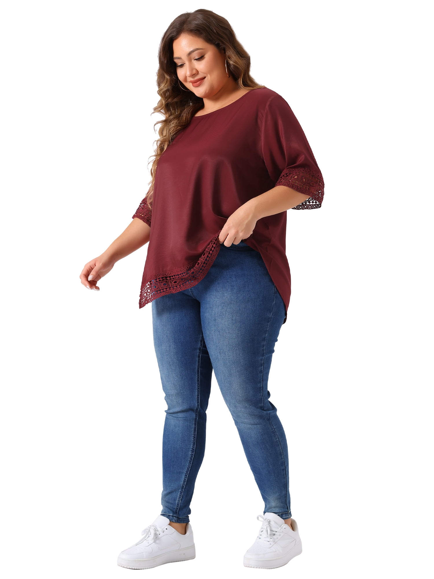 Women's Plus Summer Tops Lace Crochet Short Sleeve Casual Blouses 4X Burgundy