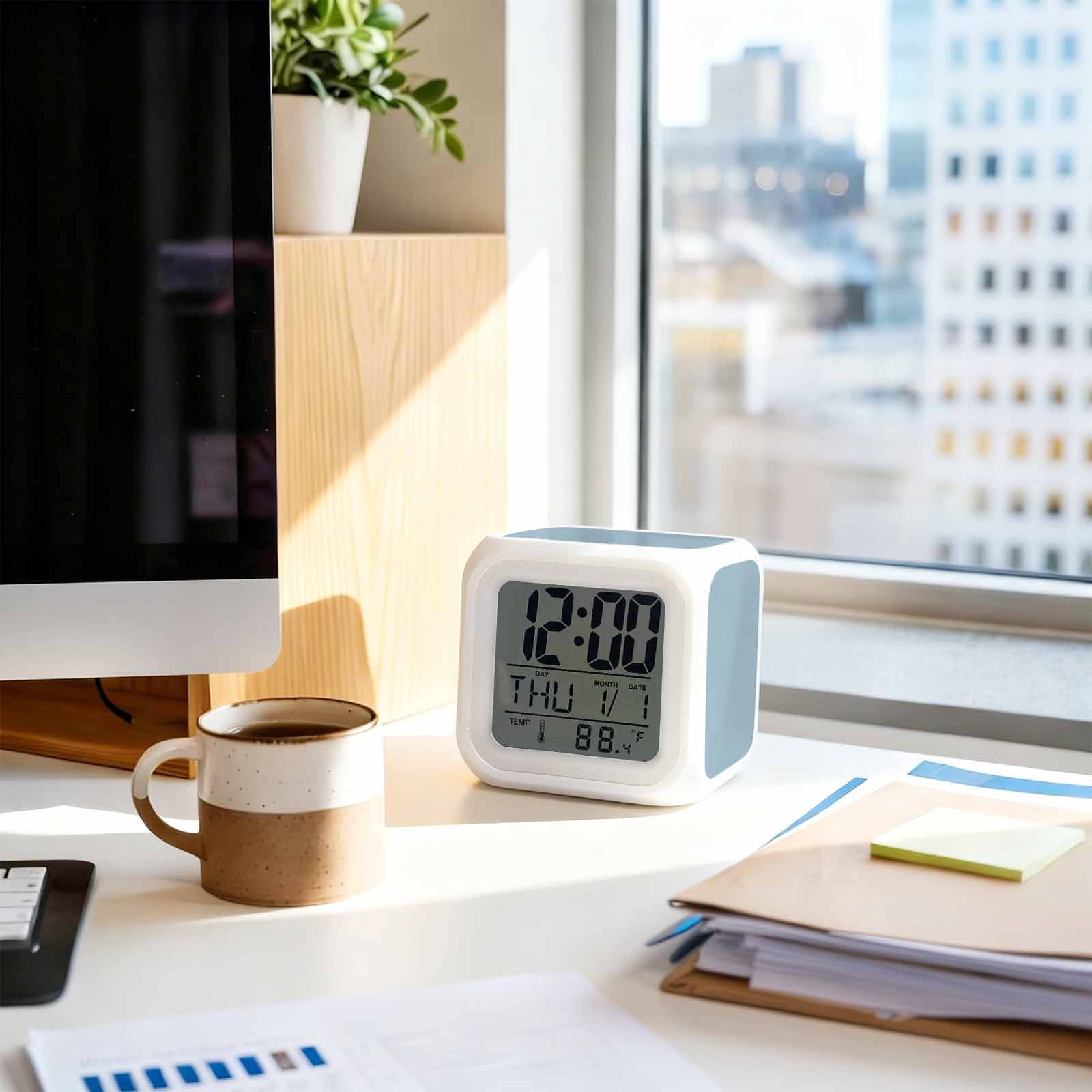 Sky Blue Digital Alarm Clock for Bedrooms, Smart LED Alarm Clock with 7 Color Changing Night Light, Modern Pure Winter Sky Blue Silent Wake Up Clocks for Sleep Study Cooking 3.2"x3.2"