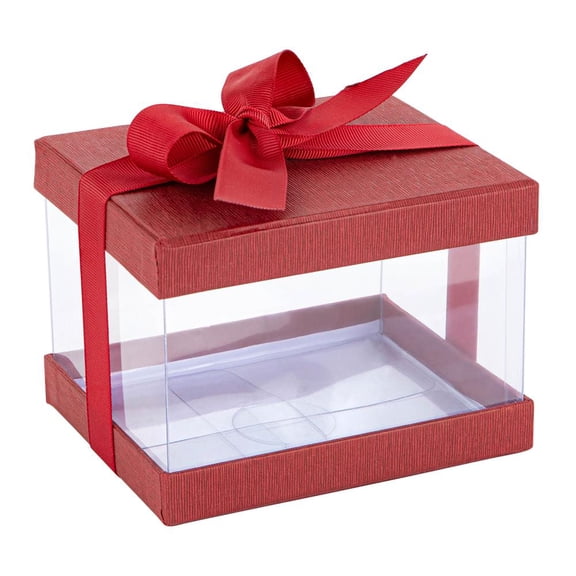 Hammont Elegant Clear Plastic Gift Box with Maroon Bow and Ribbon for Gifting 4"x5"x3.5" 6 Pack