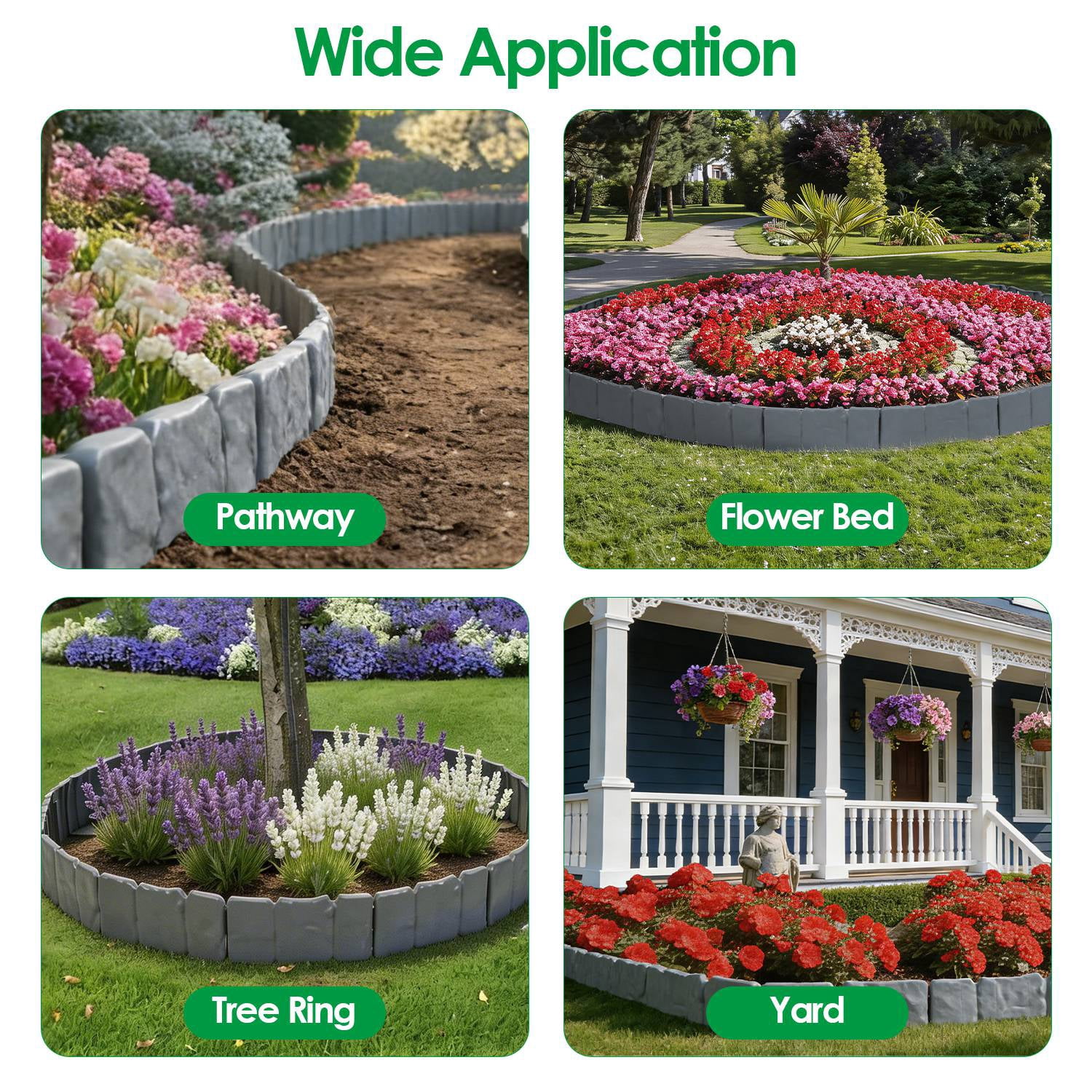 Imountek 16FT Flexible Non-Dig Plastic Landscape Border, 20Pcs Faux Cobbled Stone Garden Edging with Spikes, Shovel and Gloves