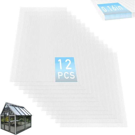 12Pcs 4' x 2' x 0.16'' Twin-Wall Polycarbonate Greenhouse Panels, Clear, Heavy Duty, UV Protected, Waterproof, Transparent