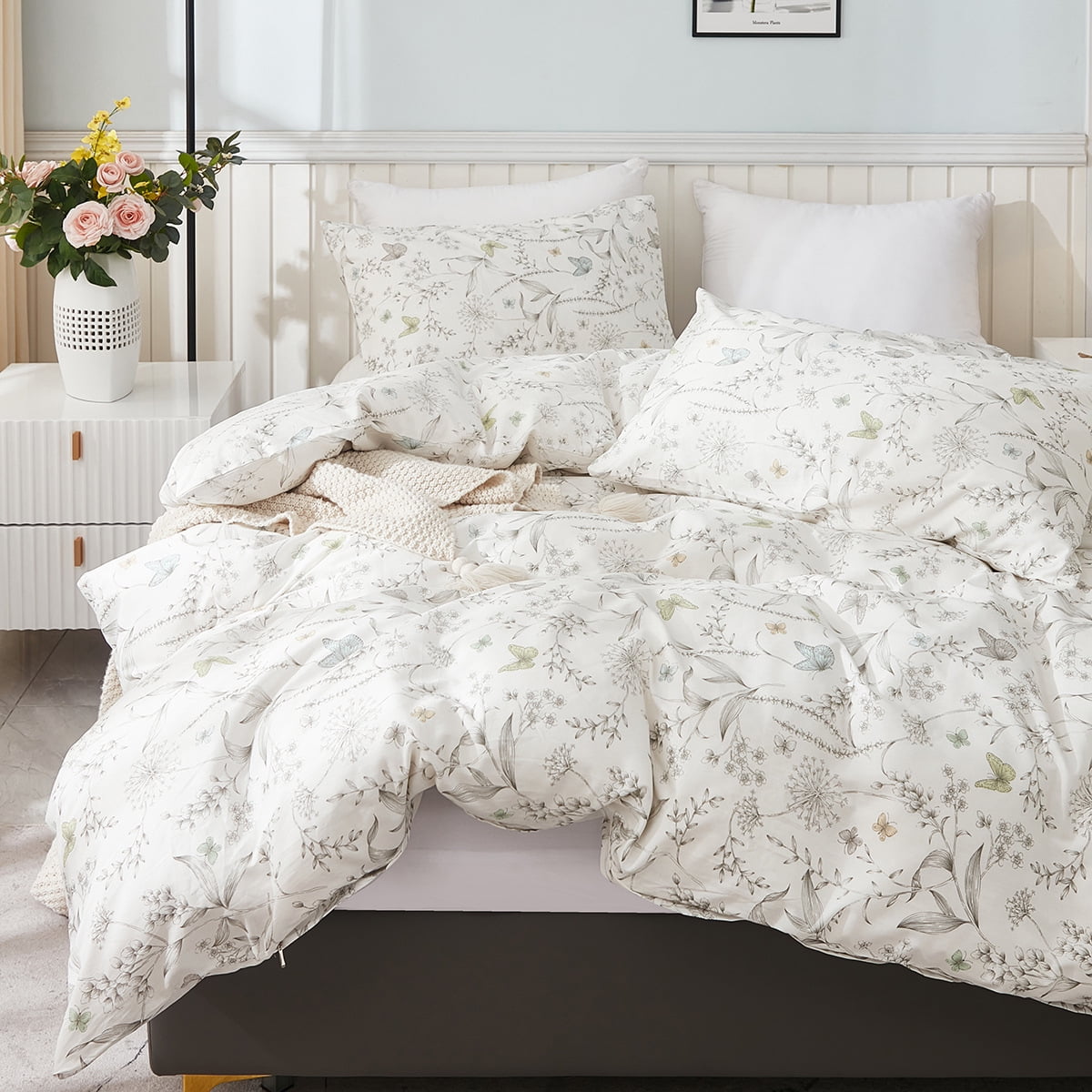 Floral Duvet Cover Set White Organic Cotton Duvet Cover Cottagecore Flower  Printed Reversible Bedding Set Full Size