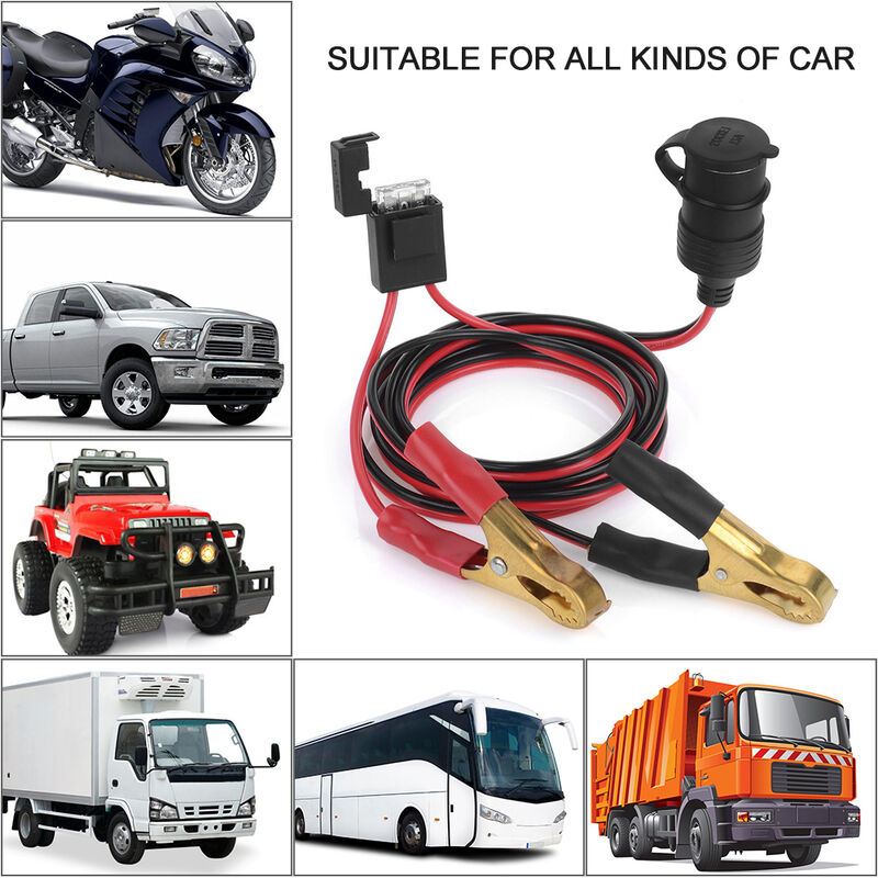 Cable Con Pinzas Para Batería Y Enchufe De Cigarrillo 12V/24V - 2 Metros, Con Fusible, Para Coches, Barcos, Caravanas