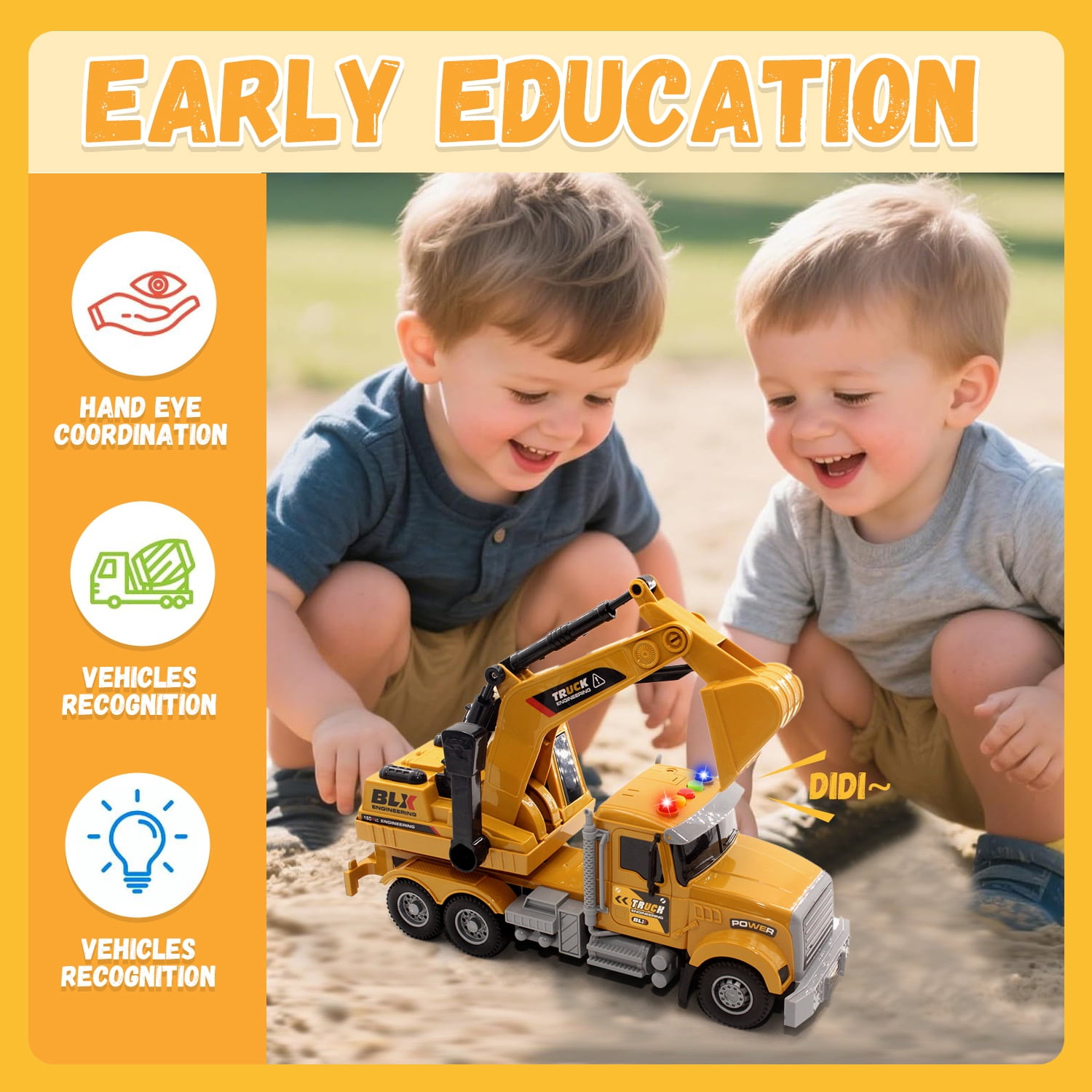 Kids Toys for 3 4 5 6 7 8 Years Old Boys, Excavator Truck Toy with Lights, Sounds, Toddler Friction Powered Truck Vehicle Toy for Boys Christmas Birthday Gifts