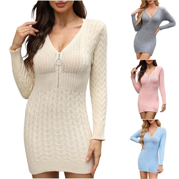 YHAJDS Women's Casual Dress,Women's Dresses Long Sleeve V Neck Solid Color Zipper Fitted Bodycon Midi Dress Slim Casual Fall Winter Style