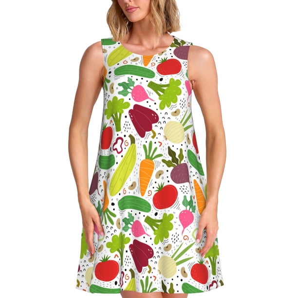 Disketp Cartoon Vegetables para Vestido sin Mangas para Mujeres, Vestidos de Verano para Mujeres, Casual y Holgado para la Playa