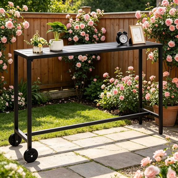 Ktaxon 55" Outdoor Iron Bar Table, Patio Bar Height Counter Table with Wheel, Waterproof Console Table Weather Resistant for Patio, Garden, Pool, Indoor or Outdoor Use