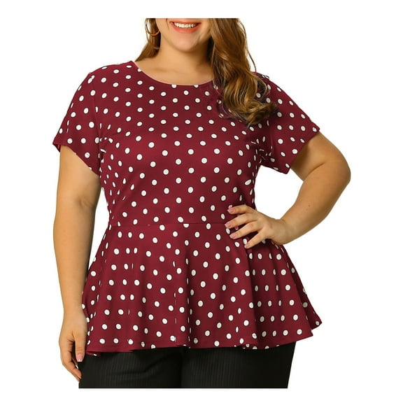 Agnes Orinda Women's Plus Size Valentines Day Tops Peplum Hem Short Sleeve Summer Polka Dot Shirts Blouses 3X Burgundy