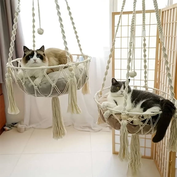 Hand-Woven Polyester Cat Hammock, Semi-Enclosed Cat Bed, Cat Hanging Basket Suitable For All Seasons, Pet Leisure Bed That Does Not Require Assembly