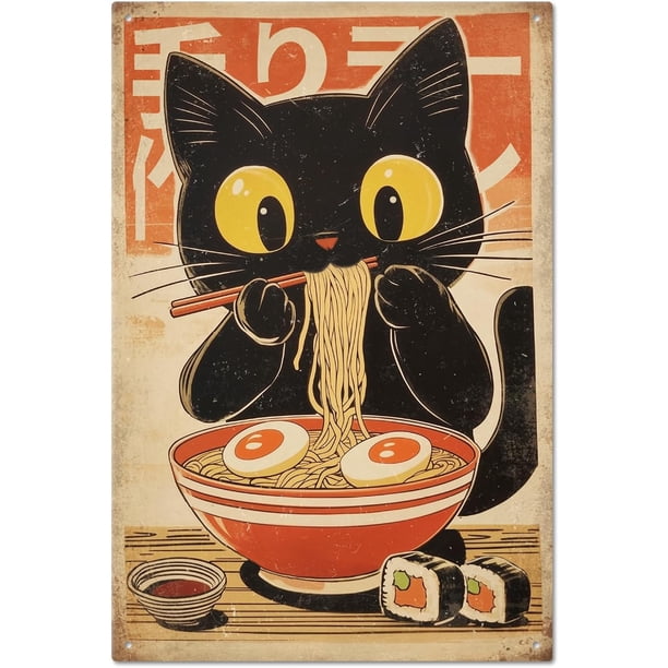 Letrero de hojalata con diseño de gato, ramen japonés, metal vintage, 30,5 x 20,3 cm, divertido letrero de hojalata para decoración de pared, para casa, granja, bar, cafetería, club.