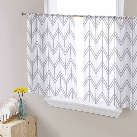Boho Gray Sheer Curtains 54 Inches Length 2 Panels Set, Window Sheer Curtains for Living Room/Bedroom, White Chevron Stripes Abstract Geometric Light Filtering Rod Pocket Curtain 52'' x 54'' x 2