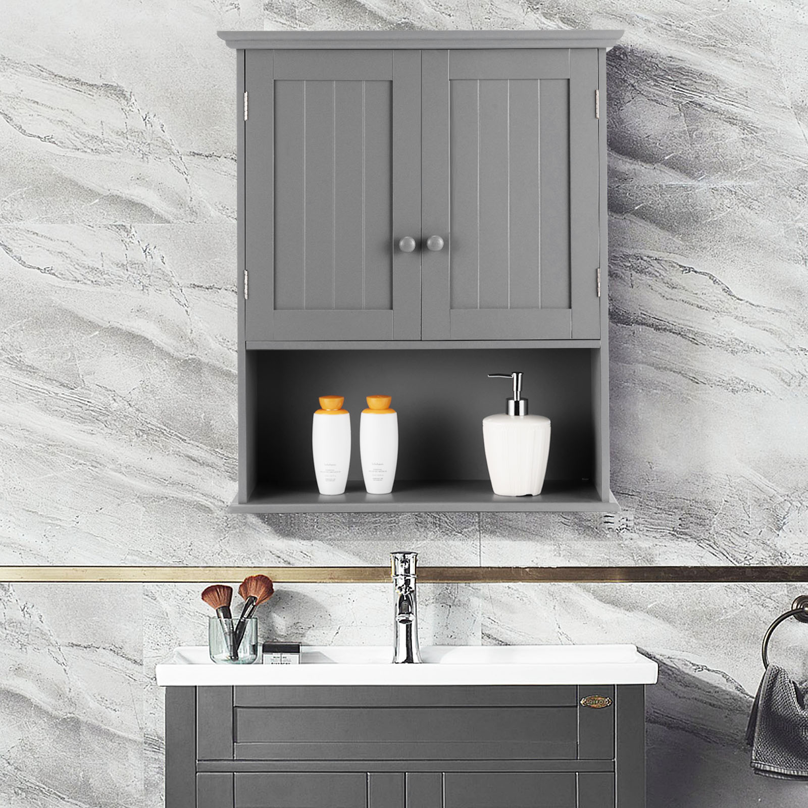 Topbuy Wall Mounted Bathroom Cabinet Medicine Cabinet Storage Organizer with 2 Doors & Adjustable Shelf Grey