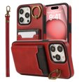 thumbnail image 4 of Wallet Back Case for iPhone 12/12 Pro with Wrist Strap, Stylish Magnetic Card Holder Finger Ring Kickstand PU Leather Lanyard Shockproof Slim Phone Case Cover for iPhone 12/12 Pro, Red, 4 of 9