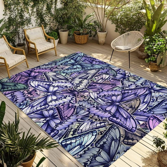 Fsddascl Purple Blue Teal Butterfly Outdoor Rug for Patio/Deck/Porch, Non-Slip Large Area Rug 4 x 6 Ft, Modern Abstract Art Indoor Outdoor Rugs Washable Area Rugs, Reversible Camping Rug Carpet