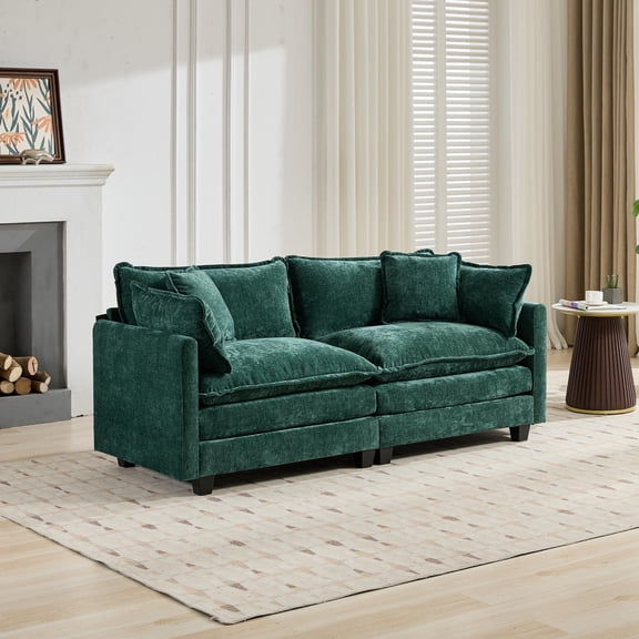 Green Chenille Cloud Loveseat Sofa, Double Layer Upholstered Seat Cushion, Breathable Fabric for Bedroom