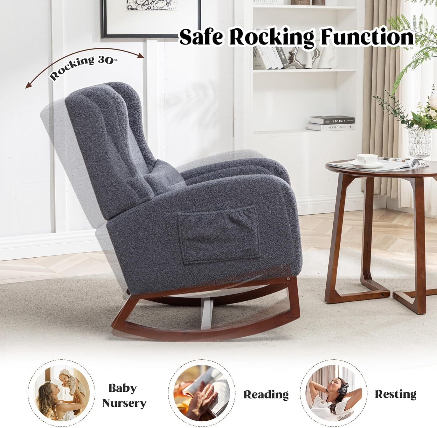 HCHAIRH Rocking Chair with Foot Rest,Teddy Nursery Rocking Chairs, Wingback Nursing Glider Rocker Chair with Pillow and High Back for Nursery, Living Room, Bedroom, Dark Grey
