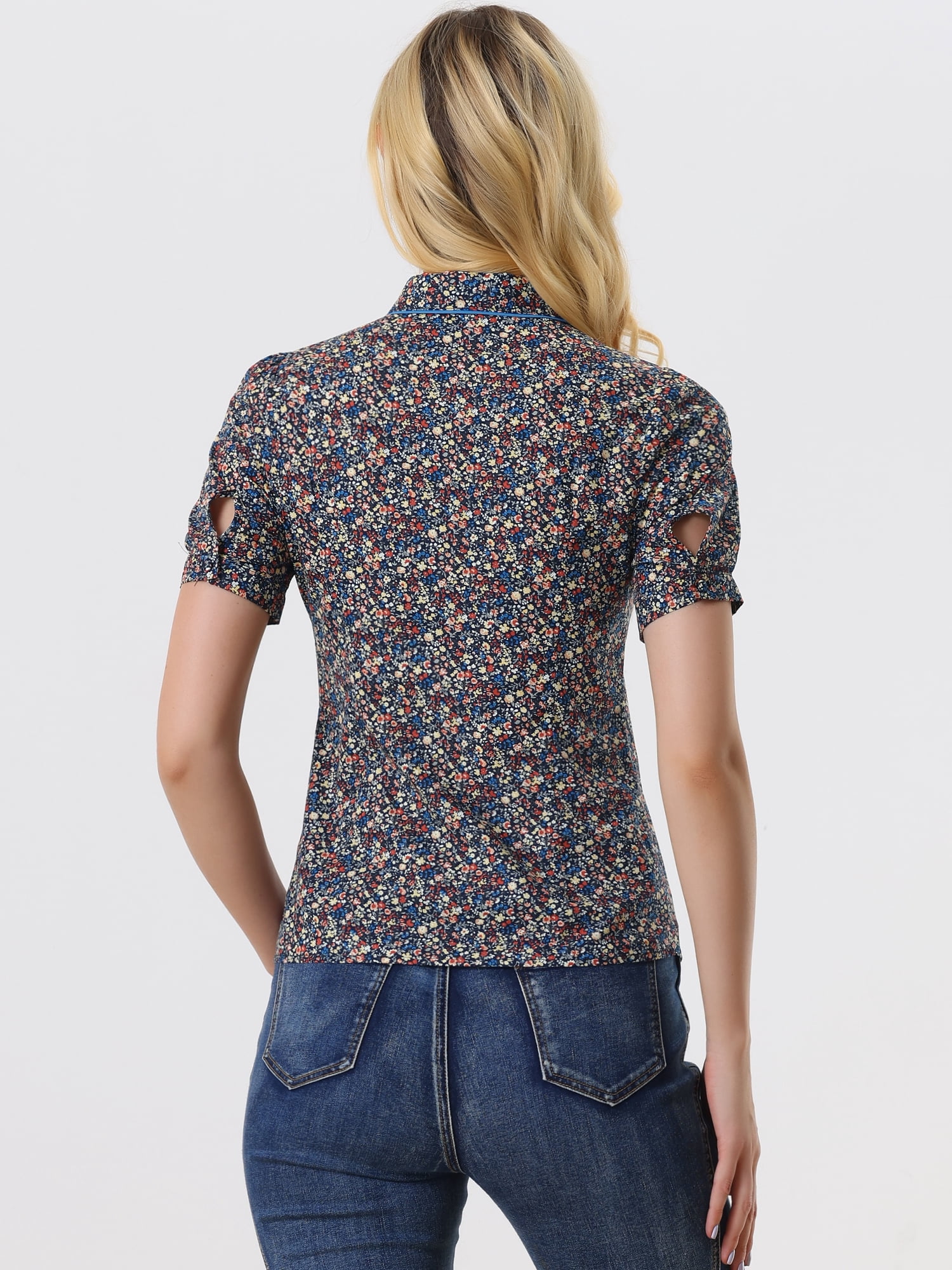 DARING DIVA Contrast Trim Puff Sleeve Peasant Shirt S Dark Blue