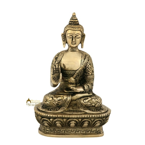 StaueStudio Tibetan Buddha Statue Brass Showpiece Idol For Living Room Home Décor Meditaion Gift Vastu Figurine Glossy Finish (4 X 3 X 7 Inch)