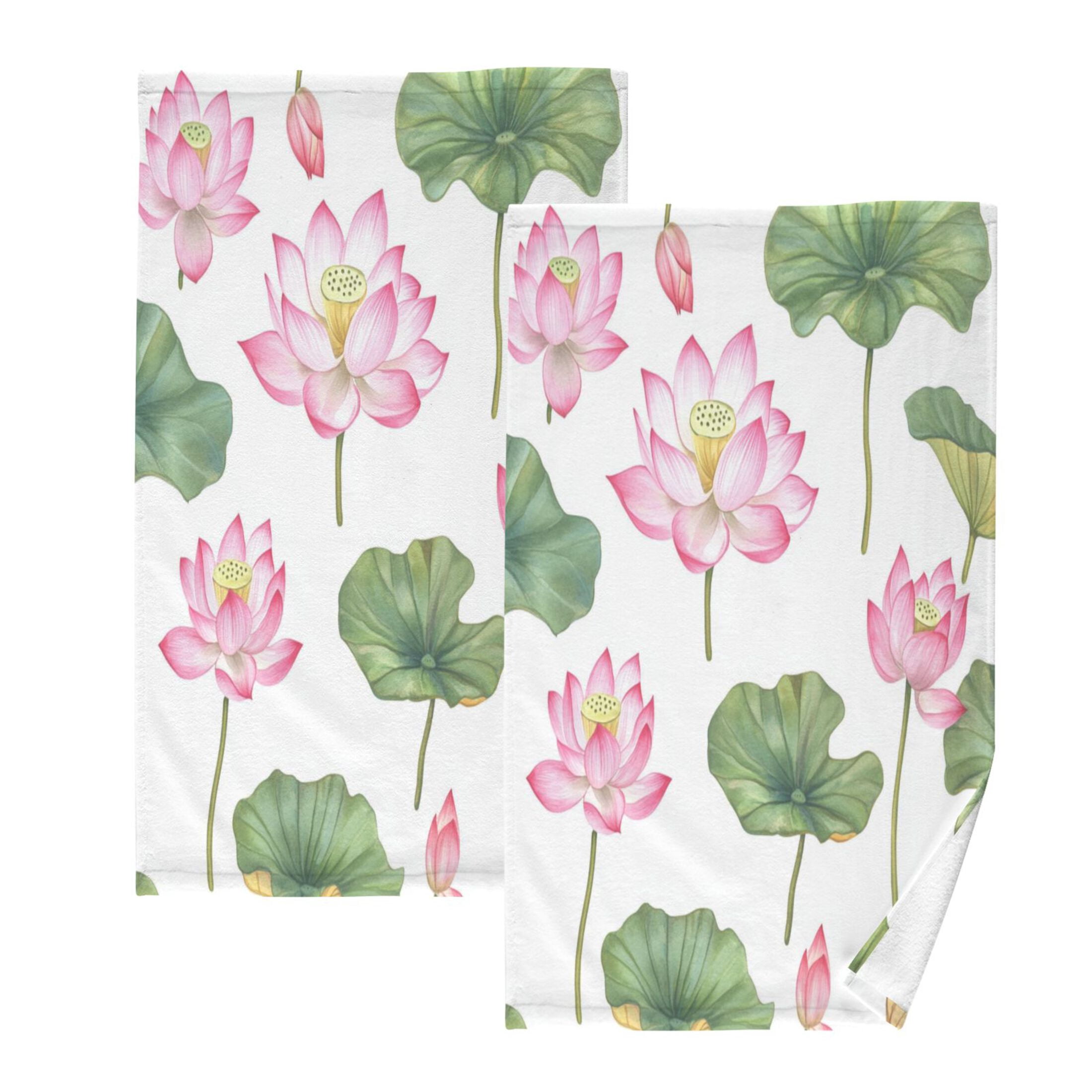 2 Pcs Absorbent Face Towel Bath Hand Towels Soft Breathable Cotton Towel Set for Bathroom Kitchen Hotel Spa Decor Pink Lotus Flowers