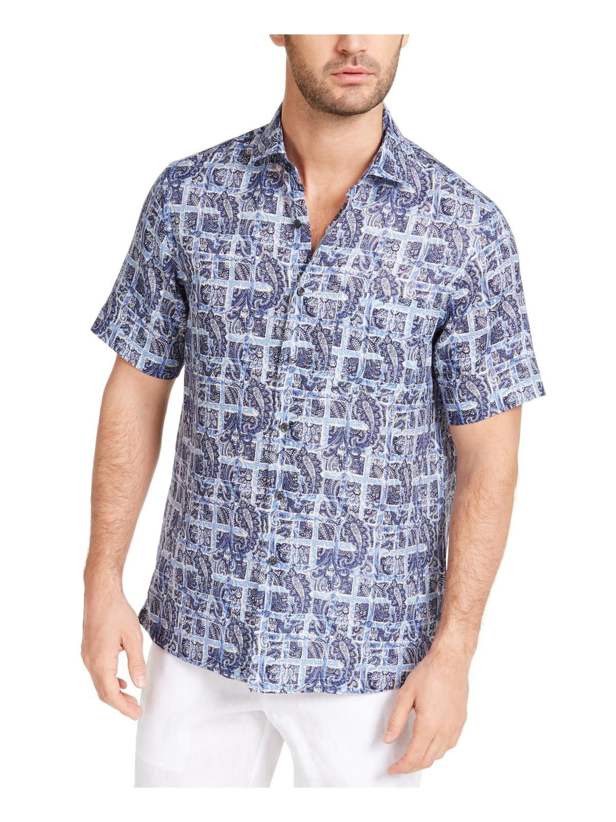 Tasso Elba Mens Linen Printed Button 