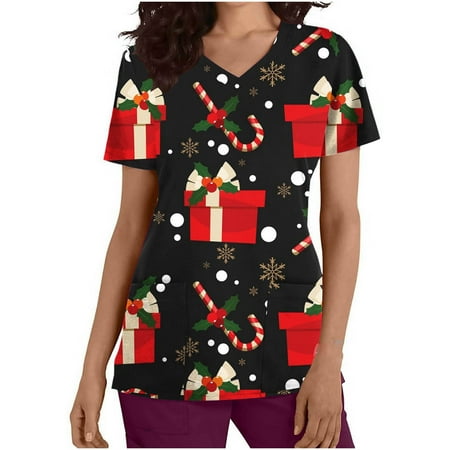 

Tarmeek Christmas Scrub Tops for Women Two Pocket Sporty Quick-Dry Stretch V-Neck Workwear Santa Snowflake Anti-Wrinkle Medical Scrubs for Women