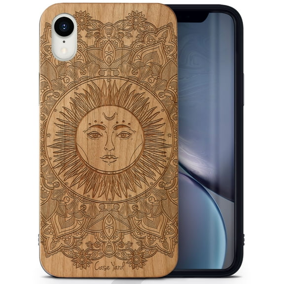 Case Yard Wooden Case Outside Soft TPU Silicone, Slim Fit Shockproof Wood Protective Phone Cover for Girls Boys Men and Women, Supports Wireless Charging Sun Mandala Design case for iPhone-XR