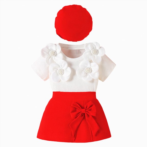 CAICJ98 Baby Toddler Girl Outfits Summer Clothes Crew Neck Knitted Cotton Short Sleeves Flower Tops Mini Bow Skirts Beret 3Pcs Set (Red,2-3 Years)