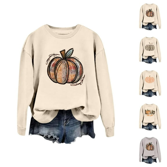 Fall Sweatshirts for Women 2025 Long Sleeve Crewneck Pumpkin Graphic Sweatshirt Halloween Thanksgiving Pullover Tops