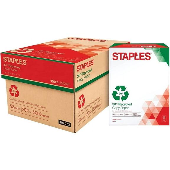 Staples 30 Percent Recycled Copy Paper, 8 1/2" x 11", Case