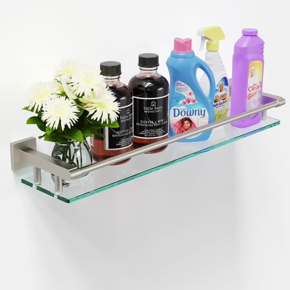 Glass Shelves for Bathroom with Towel Bar/Rack 24" Tempered Glass Shelves with Stainless Steel Towel Holder for Wall Shelf Sink Over Toilet (Matte Black)