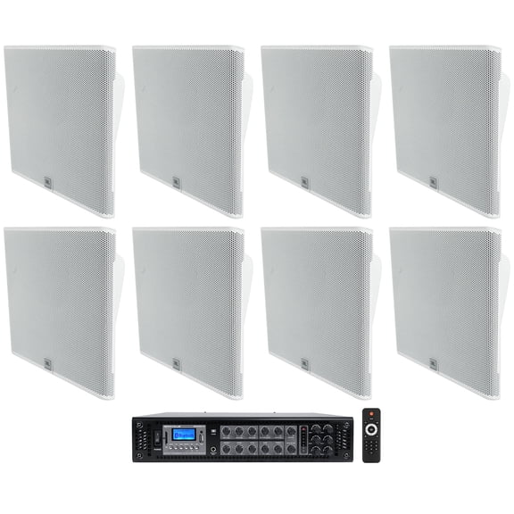 8) JBL SLP14/T-WH Low-Profile On Wall Mount White 4" 70v Commercial Speakers Amp
