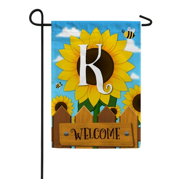 America Forever Spring Monogram Garden Flag Letter K 12.5 x 18 inches Double Sided Vertical Outdoor, Yard, Lawn, Beautiful Bright Sunlowers, Floral Design, Honeybee, Summer Welcome Garden Flag