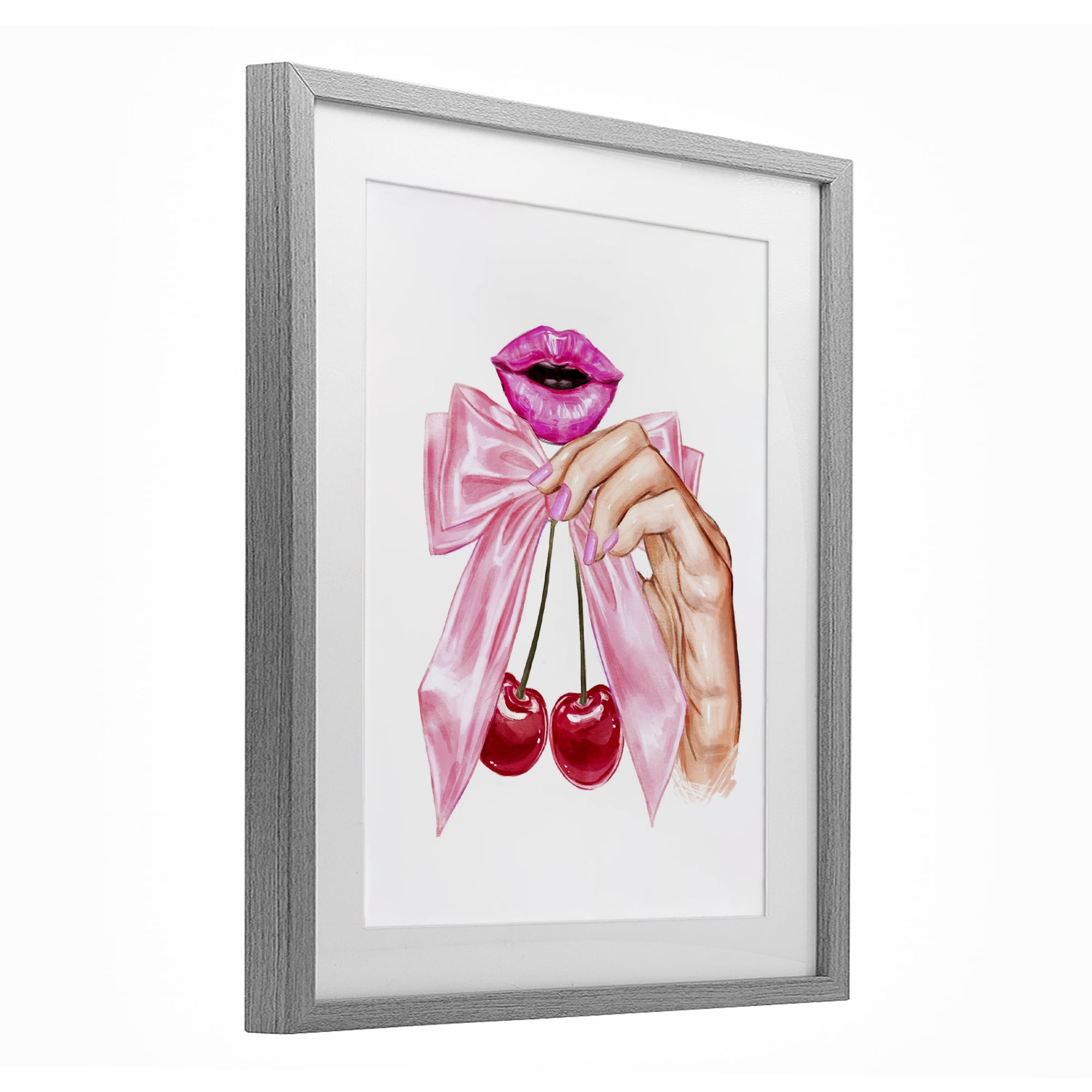 Stupell Industries Lips & Feminine Cherries Gray Framed Print Under Glass, design by Ziwei Li