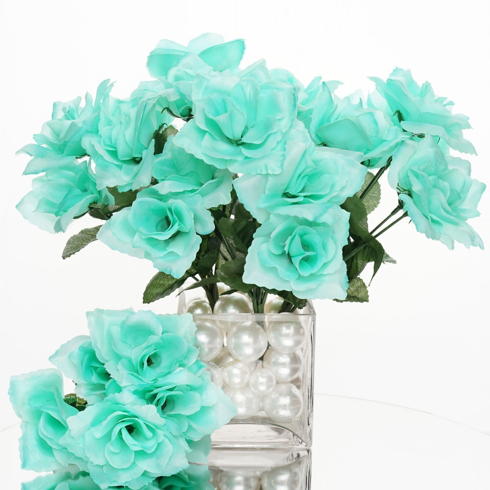 7 Aqua Teal 4" Open Roses Artificial Silk Flowers Wedding Bouquet Fake Faux 