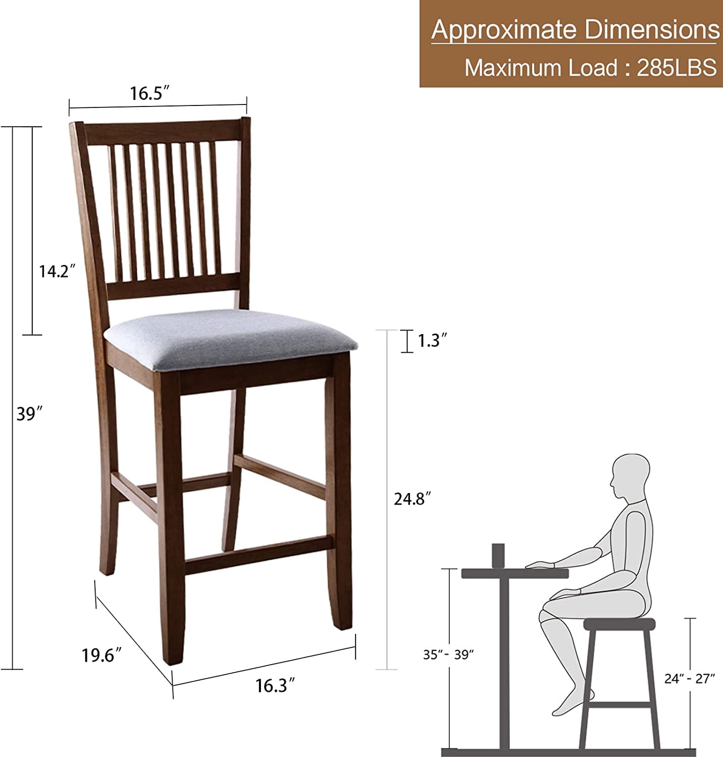 Duhome Wood Bar Stools Set of 2, Counter Height Chairs Upholstered Barstool Farmhouse Counter Stools for Kitchen Island Bar Chairs, Walnut