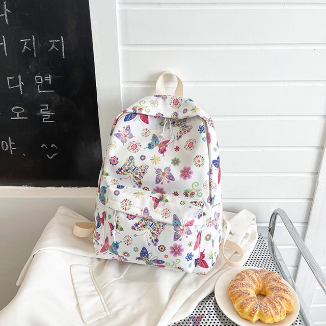 Mujer Mochila Mariposas Estampado floral Nylon Lindos Bolsas escolares para niñas (Blanco)