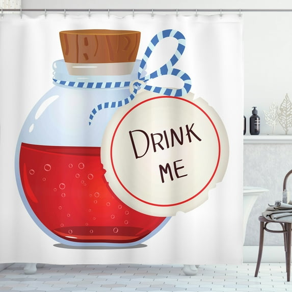 Magic Shower Curtain, Drink Me Lettering Miraculous Potion in a Magic Bottle, Fabric Bathroom Set with Hooks, 69W X 70L Inches, Scarlet Baby Blue Pale Caramel Coconut, by Ambesonne