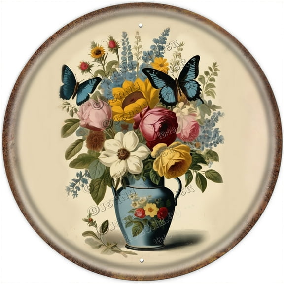 Wildflower Aluminum Sign 12"x12",Round Vintage Metal Sign Floral Decor Antique Plaque Poster Bedroom Home Wall Decor