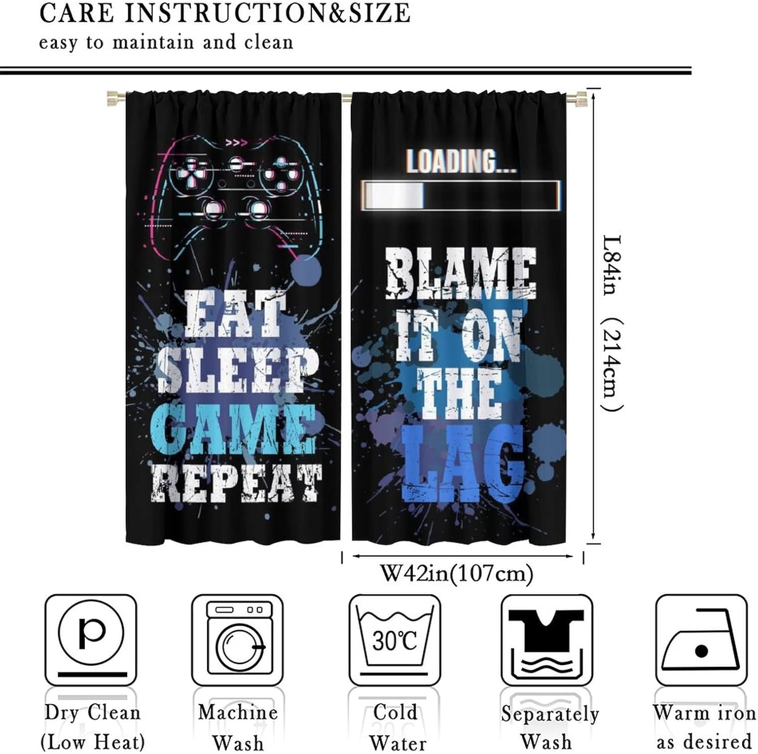Kids Gamer Curtains Rod Pocket Black White Gaming Teen Boys Bedroom Decor Funny Quotes Men Cool Gamepad Art Printed Living Room Playroom Window Drapes Fabric 42'''' W x 84'''' L x2【Decor】