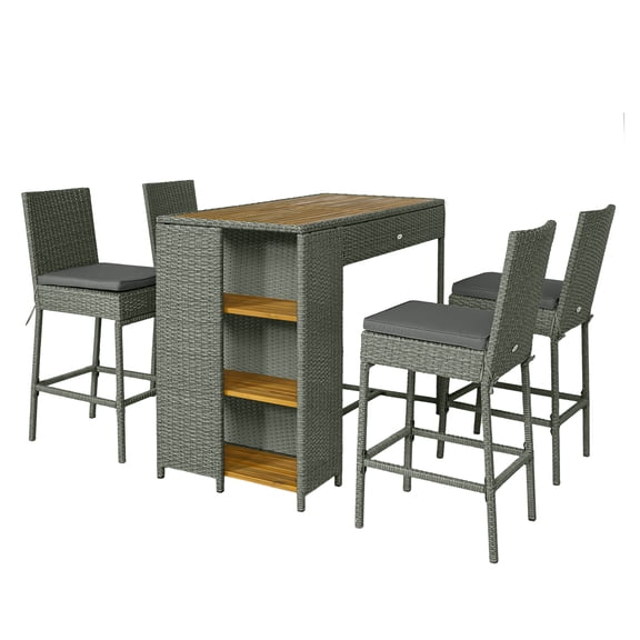 5 Piece Wicker Bar Set Outdoor, Acacia Wood High Top Table & Chairs with Cushions, 3 Tier Shelves - Gray Patio Furniture