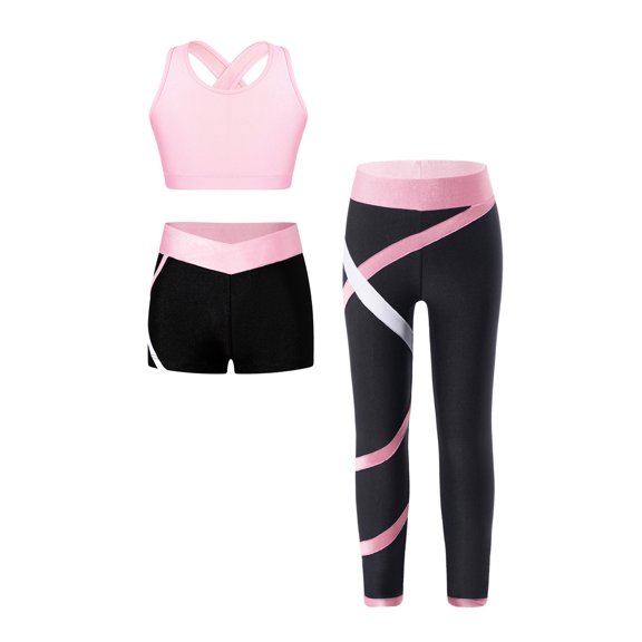 Sinleey Kids Girls Dance Outfits Crop Top with Shorts and Leggings Active Set for Gymnastics Yoga Pink 16