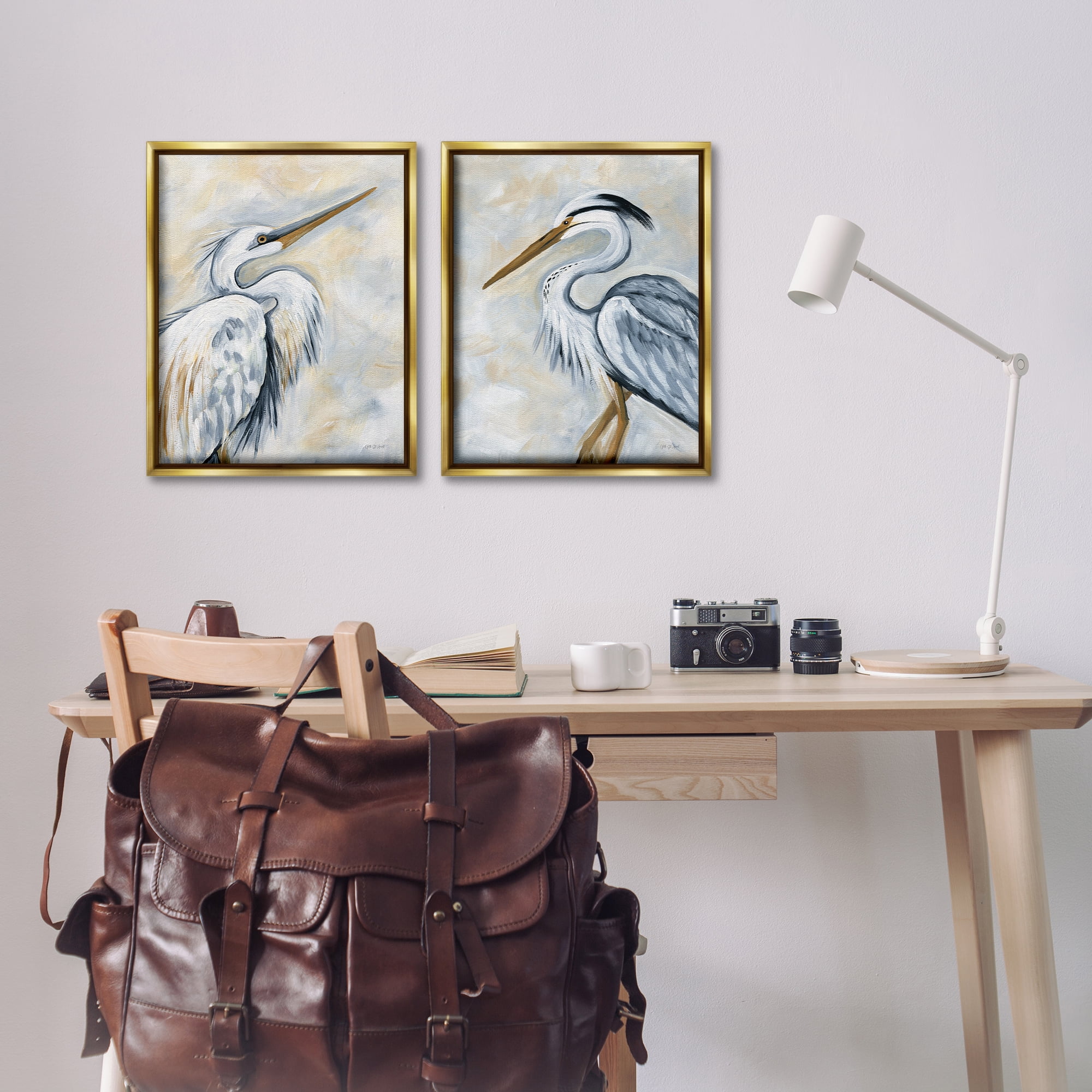 Stupell Industries White Egret Blue Heron Animals Painting Gold Floater Framed Canvas Art Print Wall Art, 17 x 21, Set of 2