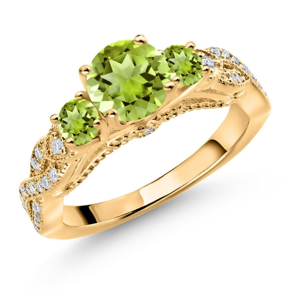 Gem Stone King 18K Yellow Gold Plated Silver Green Peridot and White Moissanite Engagement Ring for Women (1.51 Cttw, Gemstone August Birthstone, Round 6MM and 3MM, Size 5)