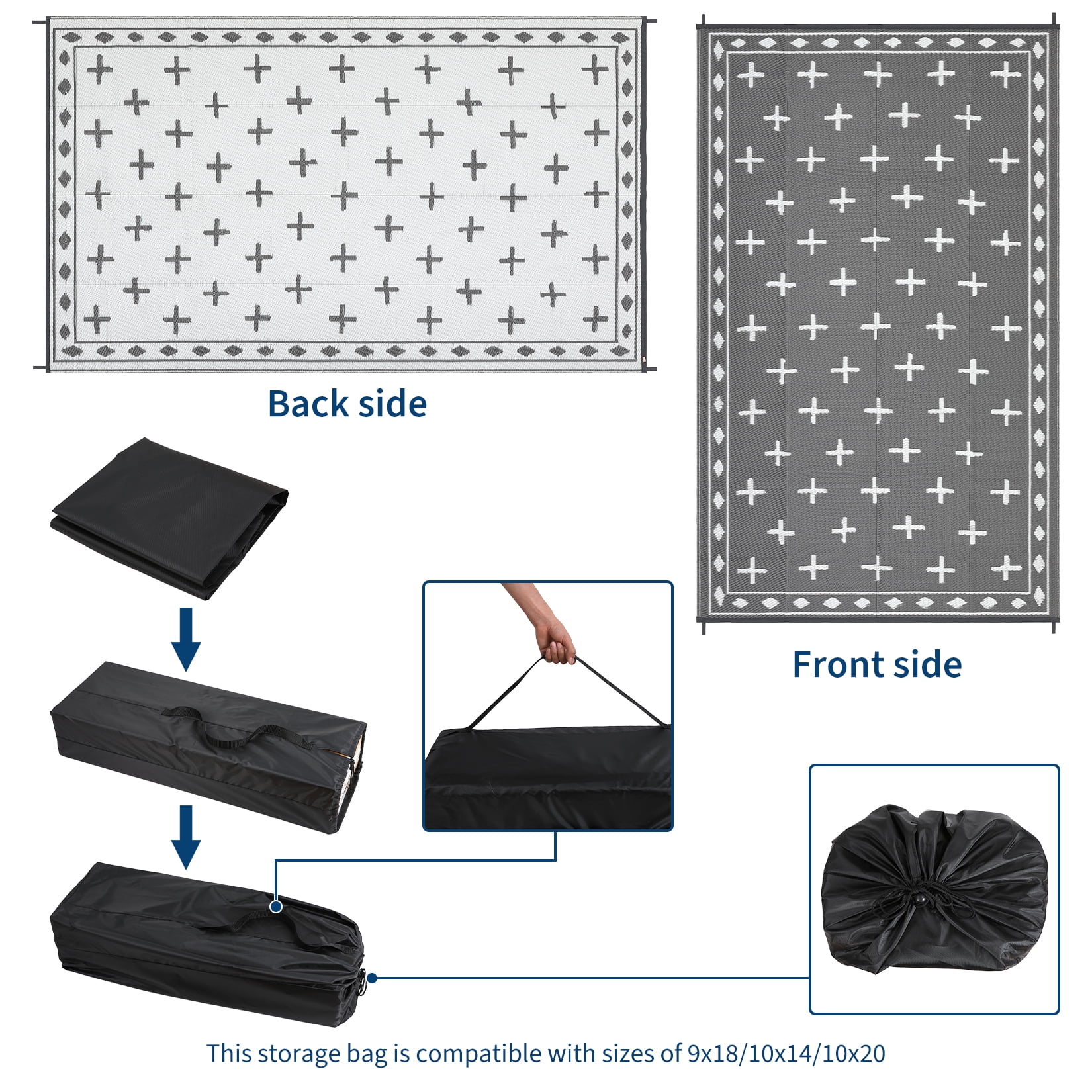 Volkmi Reversible Geometric Outdoor Rug – Waterproof, UV Resistant Low-Pile Plastic Mat for Patio, Garden, Camping, Easy to Clean, Large Area Carpet, Grayish White 9*12 ft