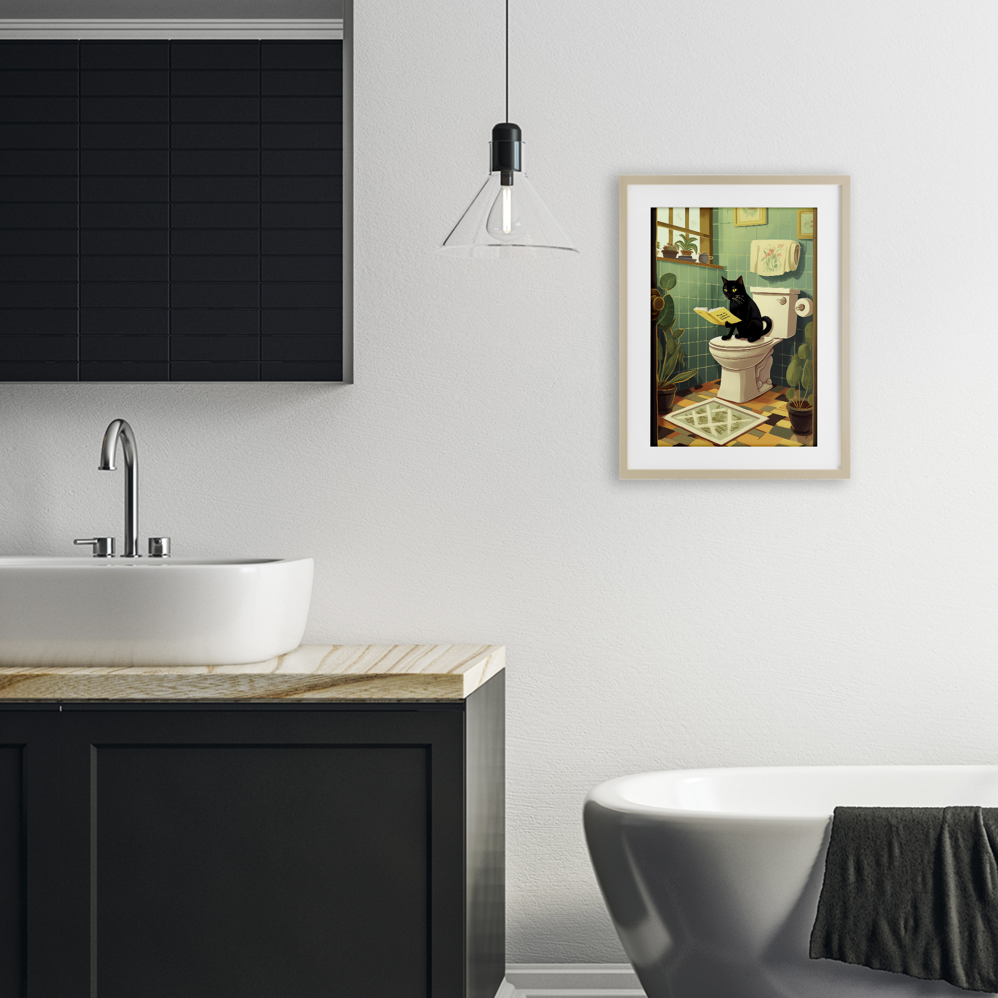 Cat Reading On Toilet Birch Framed Print Under Glass, design by Andreas Magnusson
