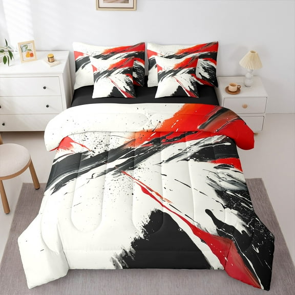 Manfei Black Red Watercolor Twin Bedding Sets 7-Piece, Modern Artwork Bedding Comforter Set, Teen Kid Adult Reversible Sheet Sets, Ultra Soft Home Decor