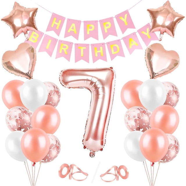 Globos para niña de 7 años, oro rosa, pancarta de feliz cumpleaños, globos de confeti, decoración de cumpleaños para niña, decoración de fiesta de cumpleaños para niña de 7 años, Ha