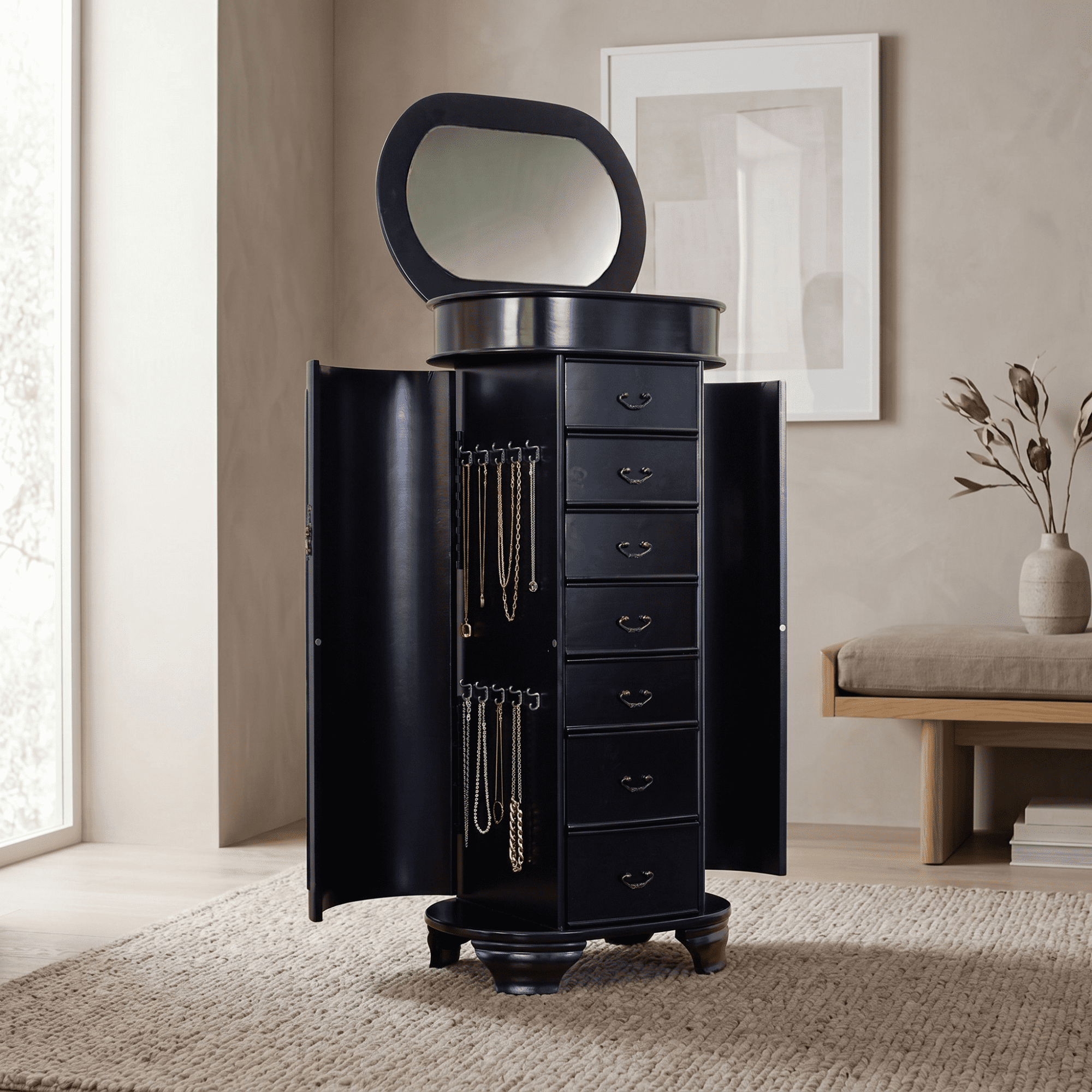 Hives and Honey Daley Oval Free Standing Wood Jewelry Armoire, Black