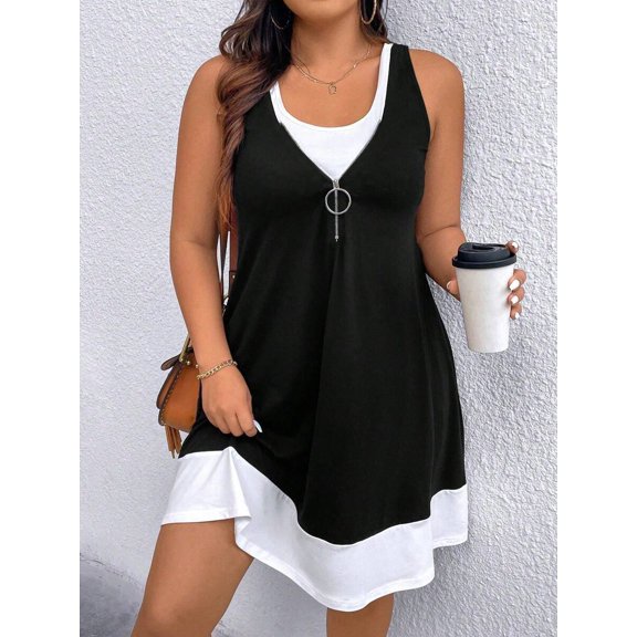 Women Black and White Contrast Color Casual Camisole Dress